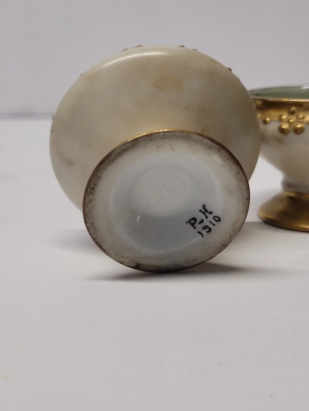 PH Leonard Ceramic Salt Cellar Pair in Green and Gold